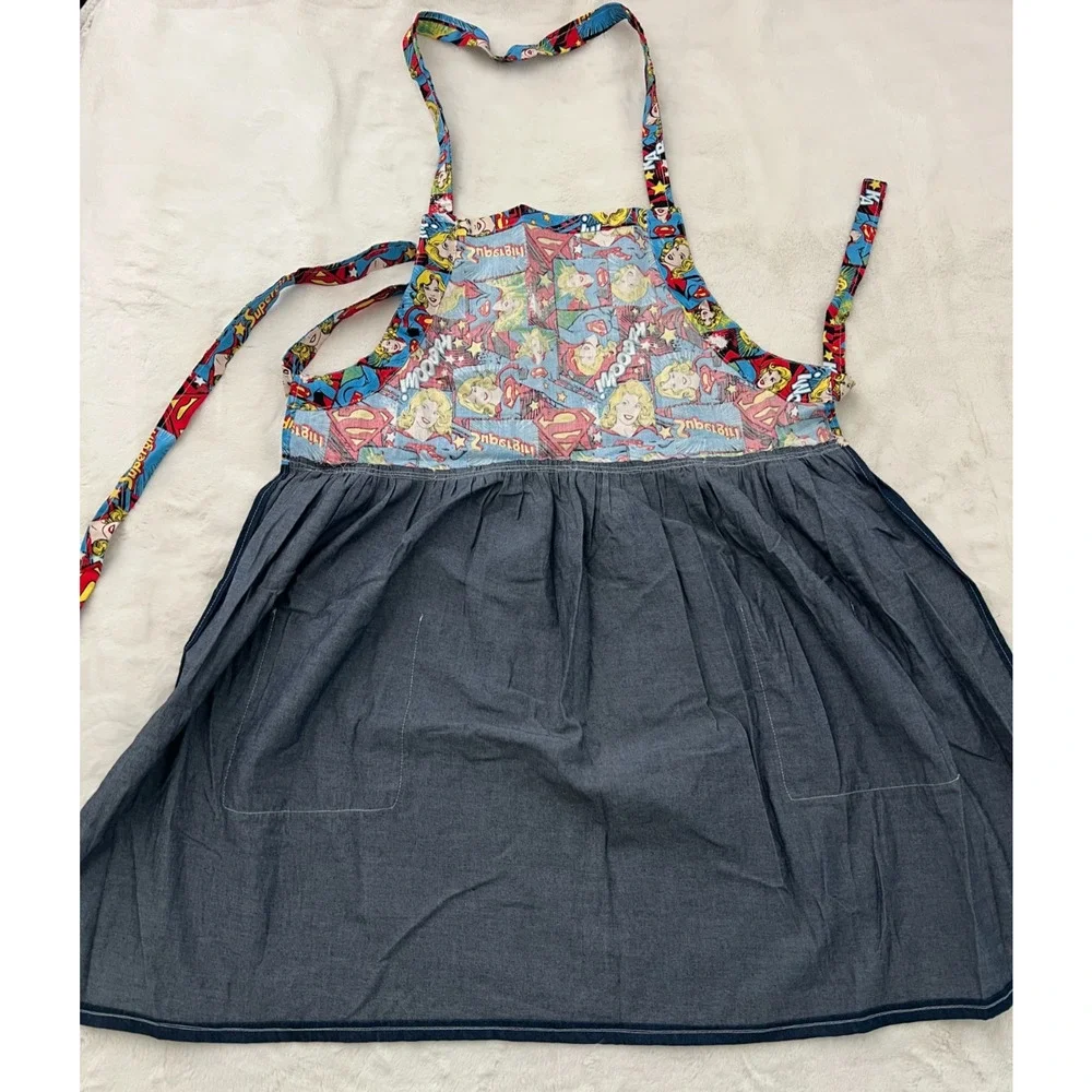Supergirl Womens Apron Comic Print Denim Blue Handmade Kitchen Cooking Pockets